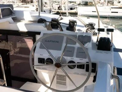 Cockpit of ION, a Fountaine Pajot Astréa 42 catamaran at Municipal Unit of Kranidi, Greece
