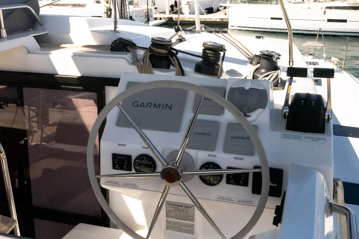 Cockpit of ION, a Fountaine Pajot Astréa 42 catamaran at Municipal Unit of Kranidi, Greece