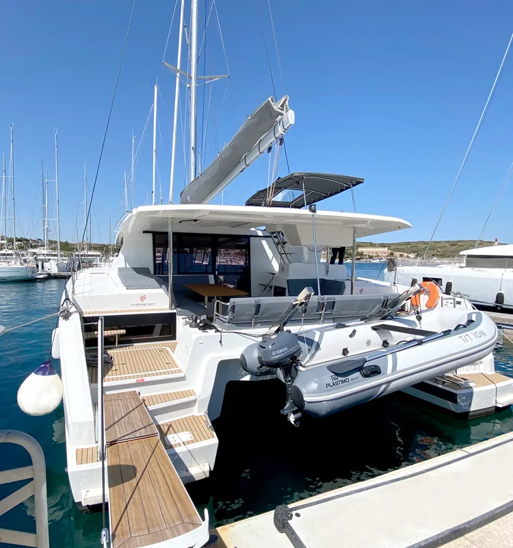 Exterior view of ION, a Fountaine Pajot Astréa 42 catamaran at Municipal Unit of Kranidi, Greece