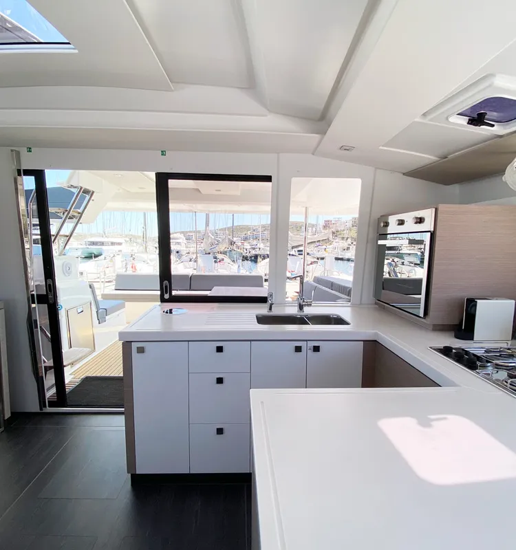 Galley of ION, a Fountaine Pajot Astréa 42 catamaran at Municipal Unit of Kranidi, Greece