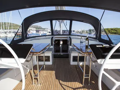 Cockpit of White Pearl, a Hanse 460 sailboat at Grad Šibenik, Croatia
