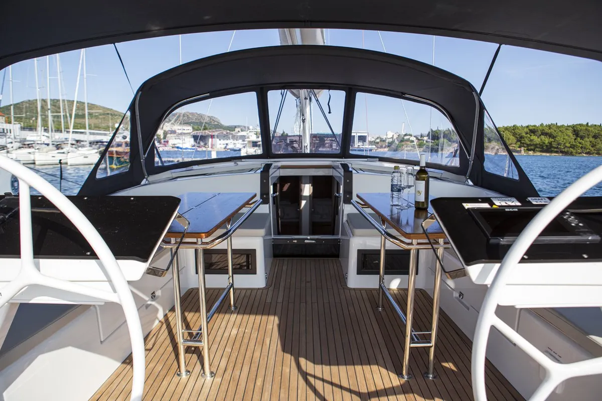 Cockpit of White Pearl, a Hanse 460 sailboat at Grad Šibenik, Croatia