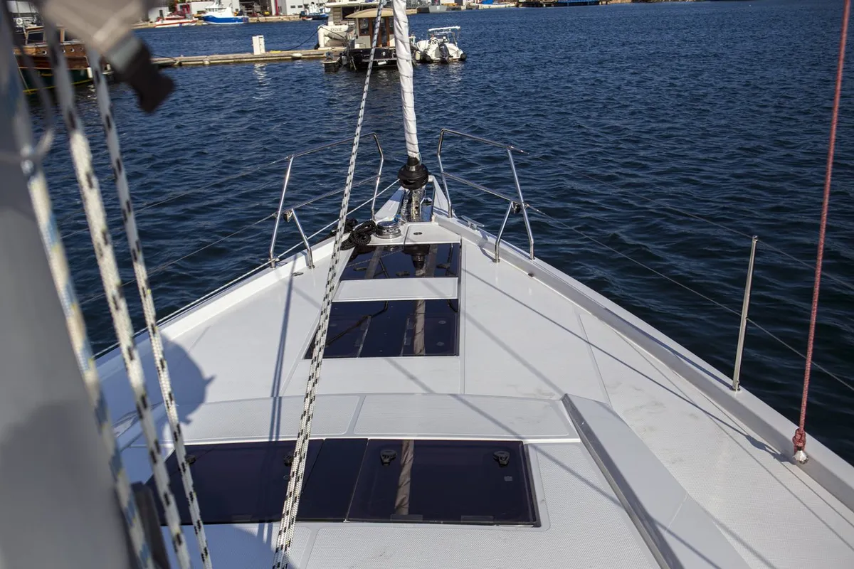 Deck of White Pearl, a Hanse 460 sailboat at Grad Šibenik, Croatia