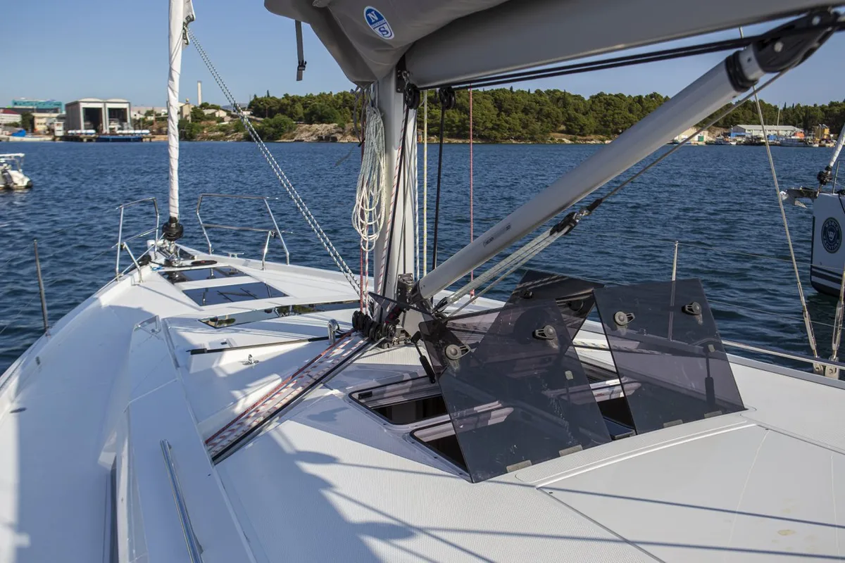 Deck of White Pearl, a Hanse 460 sailboat at Grad Šibenik, Croatia