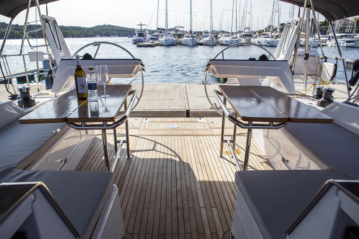 Cockpit of White Pearl, a Hanse 460 sailboat at Grad Šibenik, Croatia