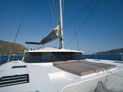 Deck of Sky Ada II, a Fountaine Pajot Saona 47 catamaran at Marmaris, Turkey