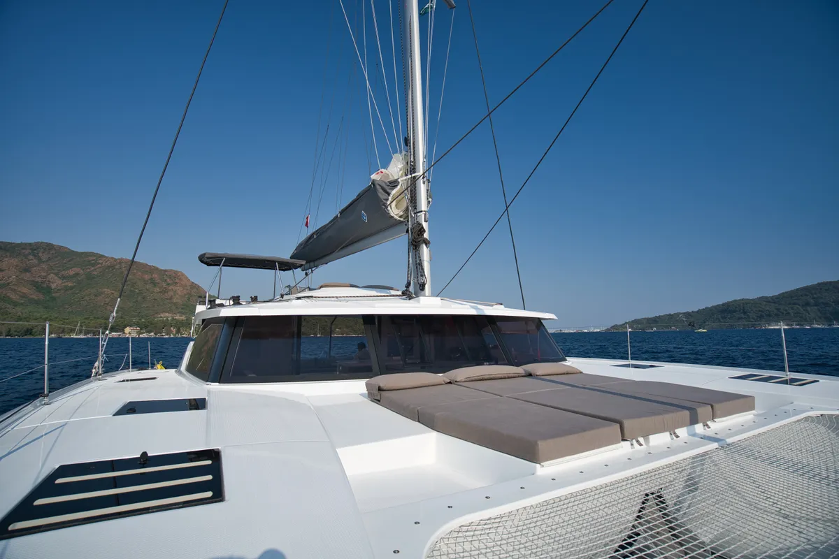 Deck of Sky Ada II, a Fountaine Pajot Saona 47 catamaran at Marmaris, Turkey