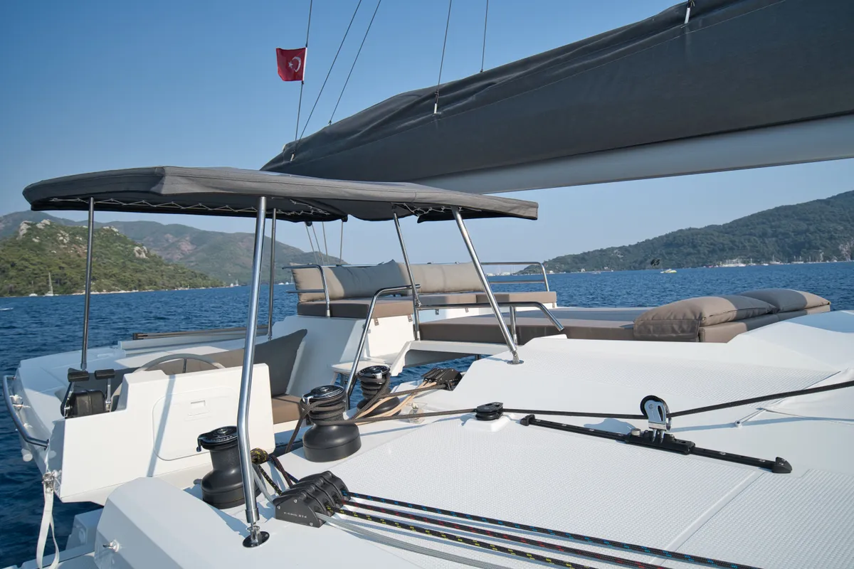 Deck of Sky Ada II, a Fountaine Pajot Saona 47 catamaran at Marmaris, Turkey