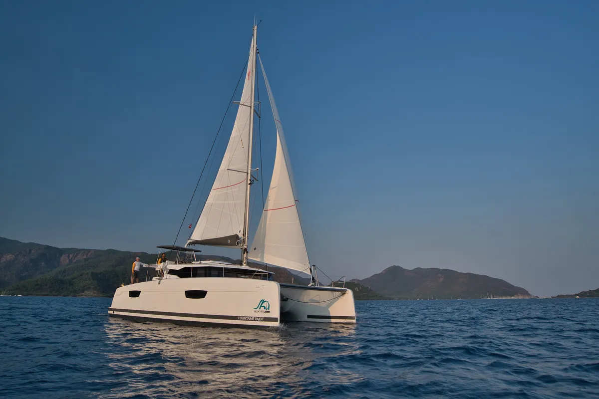 Exterior view of Sky Ada II, a Fountaine Pajot Saona 47 catamaran at Marmaris, Turkey