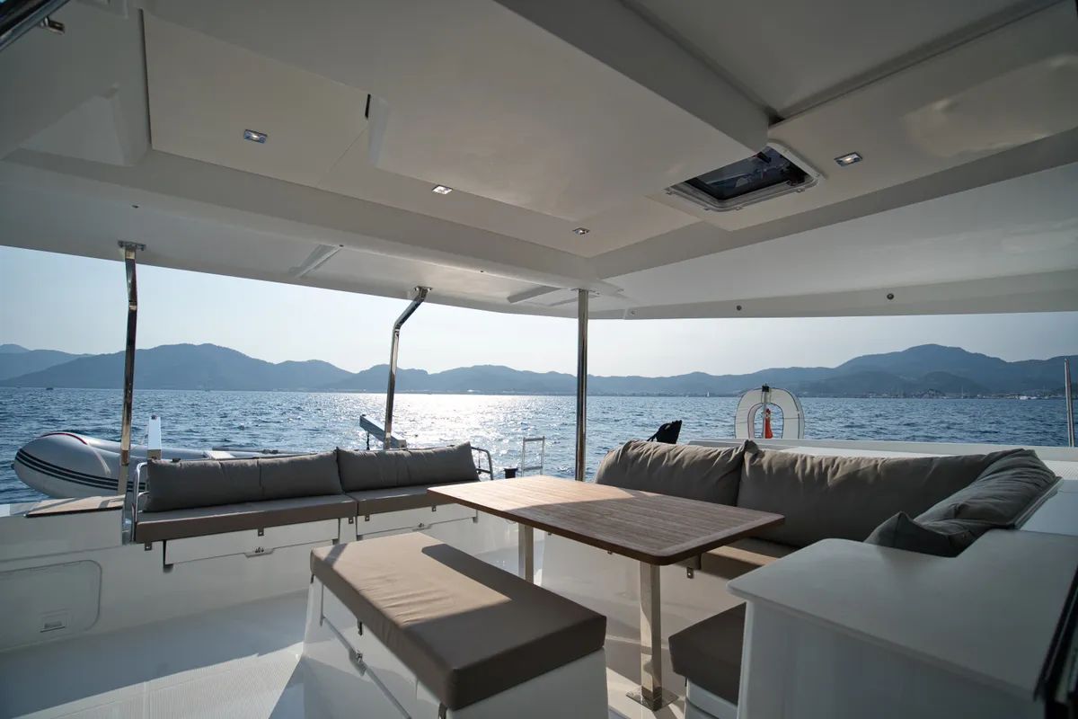Deck of Sky Ada II, a Fountaine Pajot Saona 47 catamaran at Marmaris, Turkey