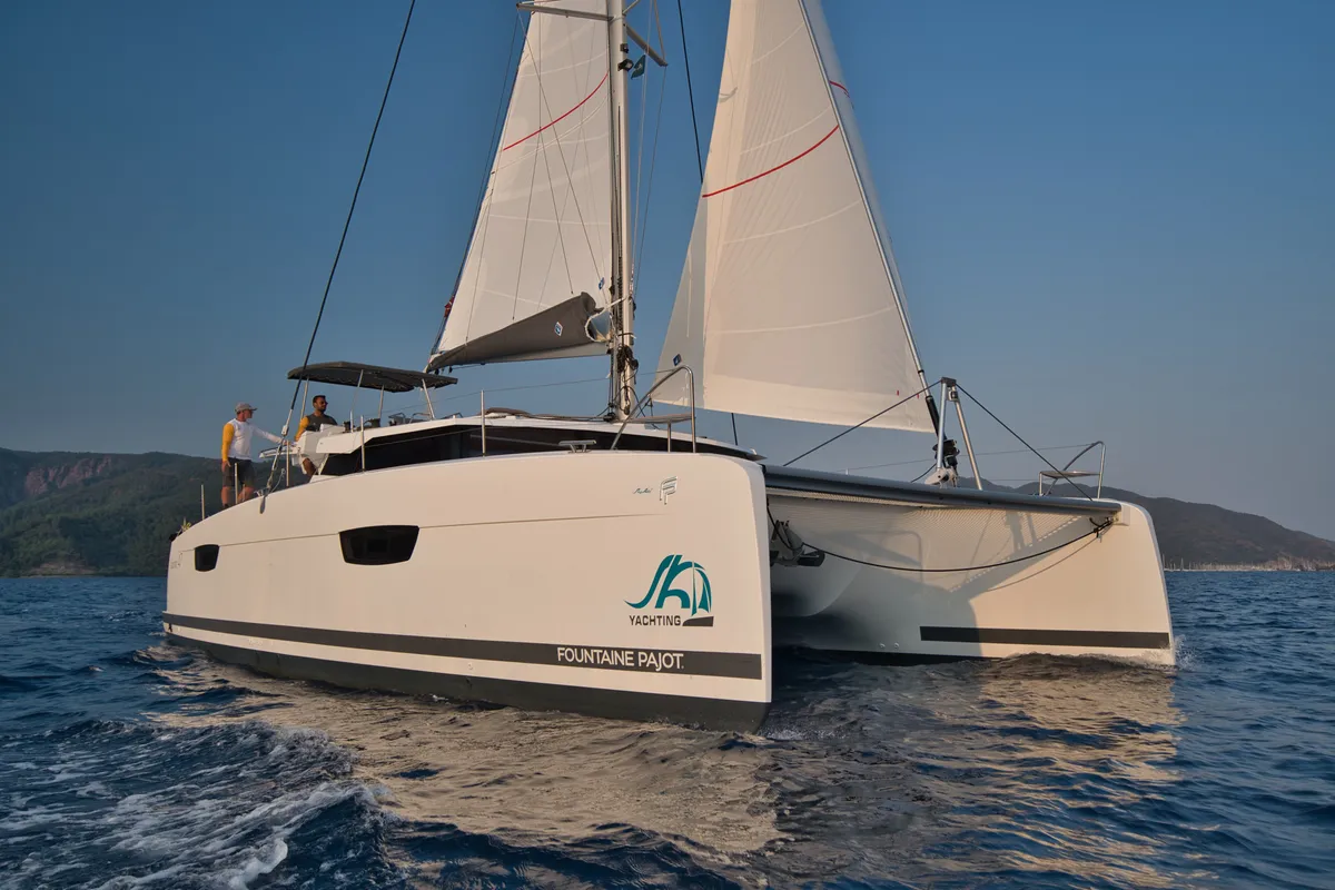 Exterior view of Sky Ada II, a Fountaine Pajot Saona 47 catamaran at Marmaris, Turkey