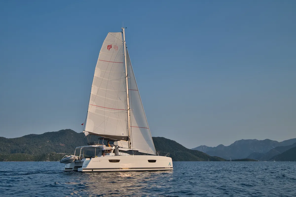 Exterior view of Sky Ada II, a Fountaine Pajot Saona 47 catamaran at Marmaris, Turkey