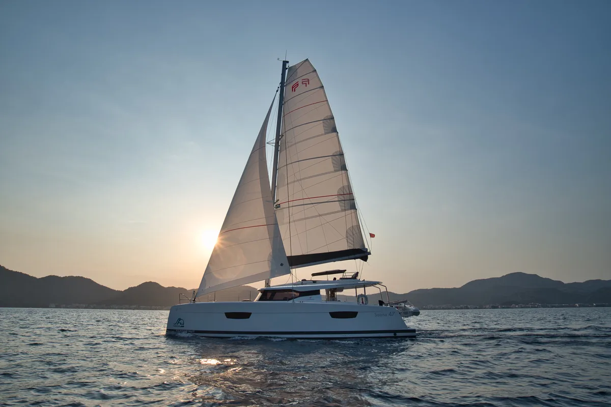 Exterior view of Sky Ada II, a Fountaine Pajot Saona 47 catamaran at Marmaris, Turkey