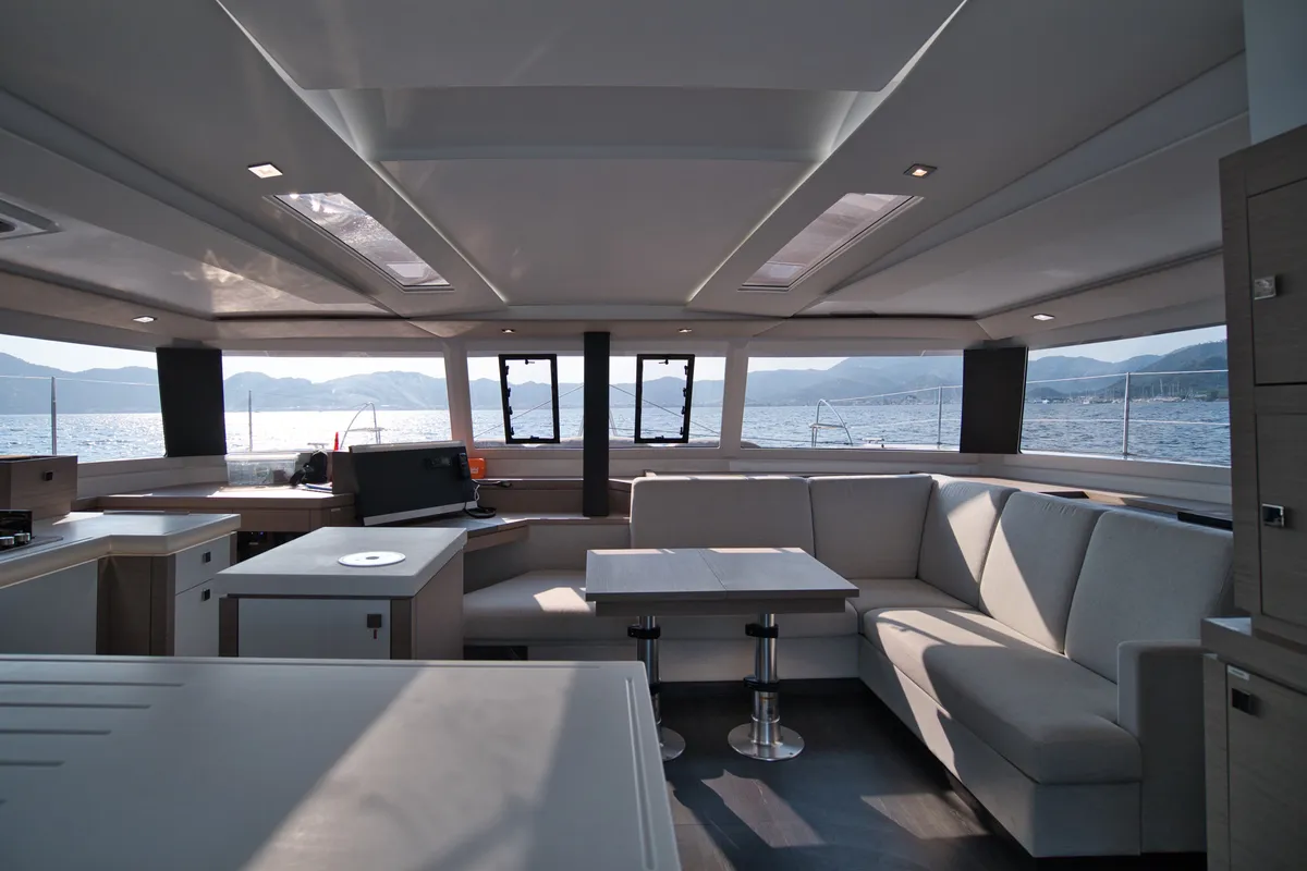Salon of Sky Ada II, a Fountaine Pajot Saona 47 catamaran at Marmaris, Turkey
