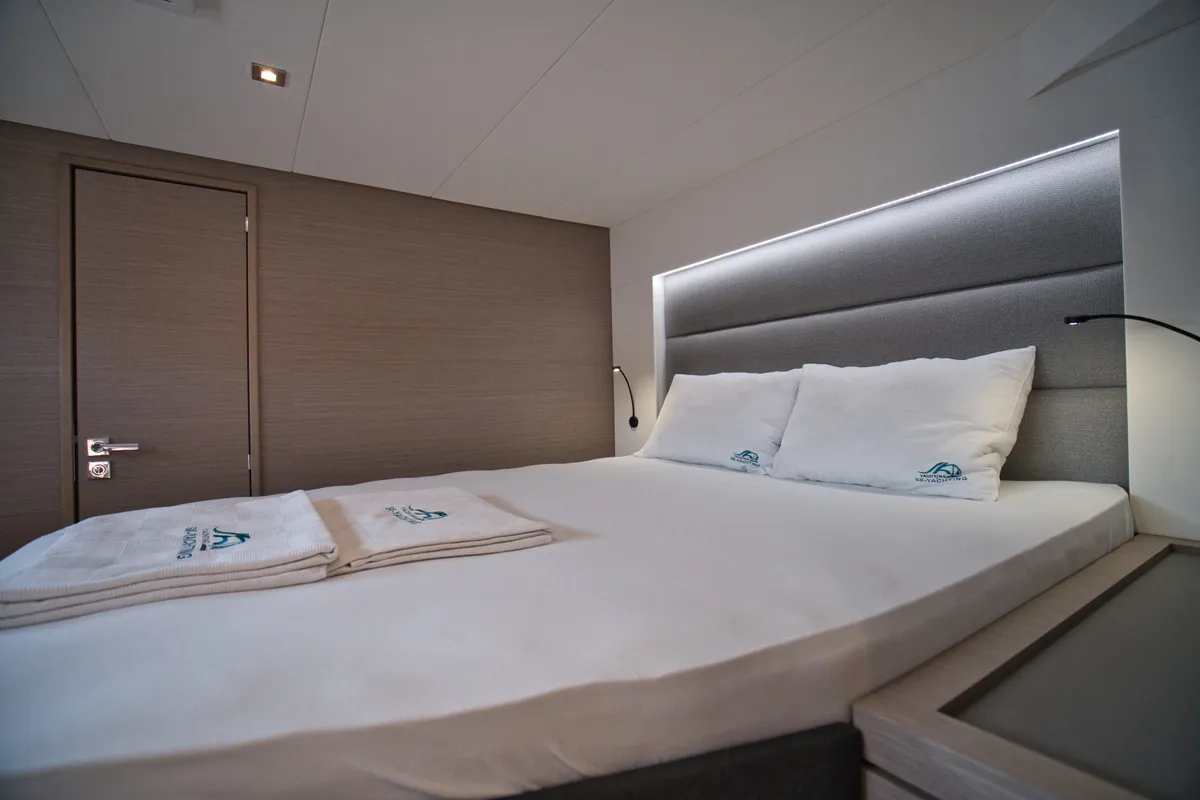 Cabin on Sky Ada II, a Fountaine Pajot Saona 47 catamaran at Marmaris, Turkey