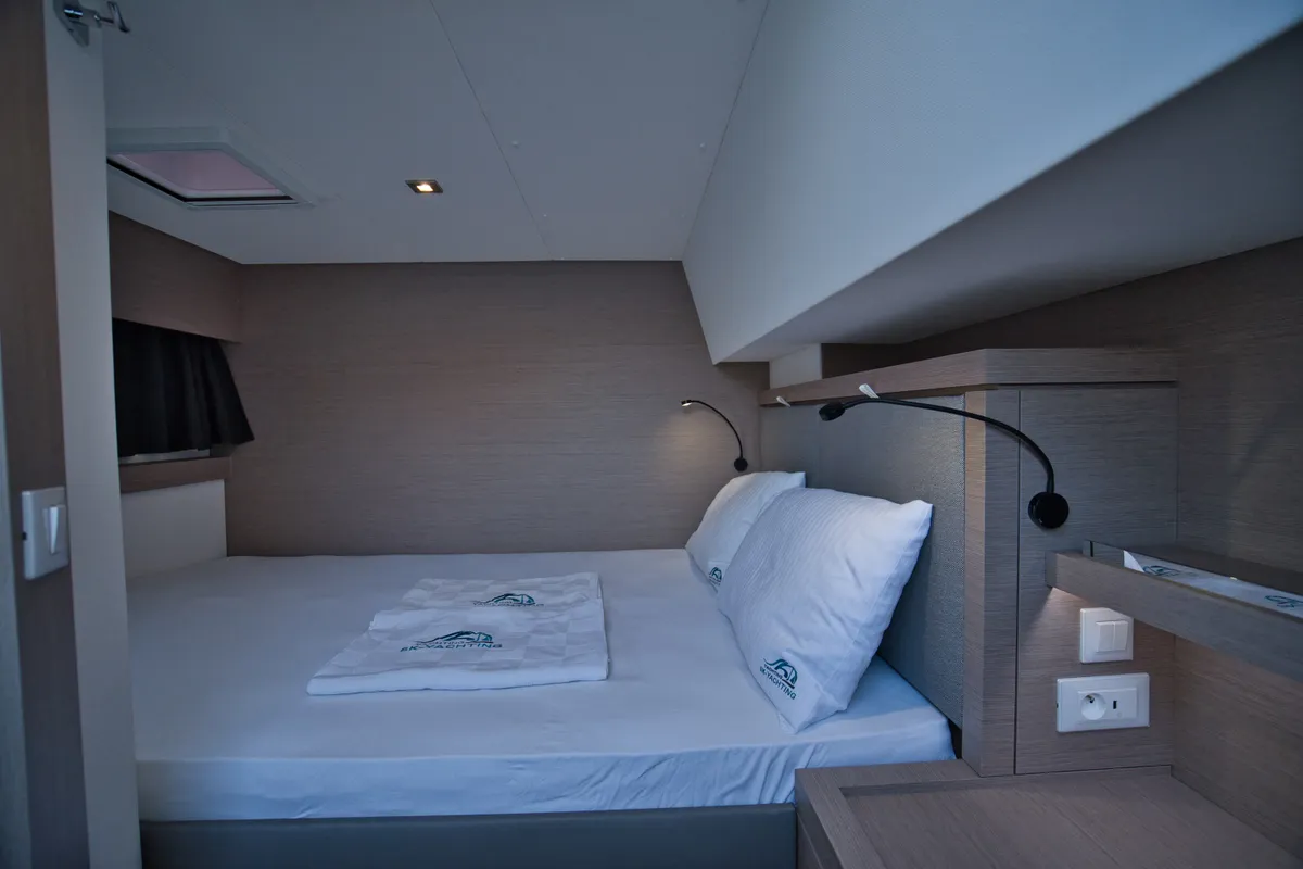 Cabin on Sky Ada II, a Fountaine Pajot Saona 47 catamaran at Marmaris, Turkey