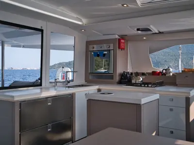 Galley of Sky Ada II, a Fountaine Pajot Saona 47 catamaran at Marmaris, Turkey