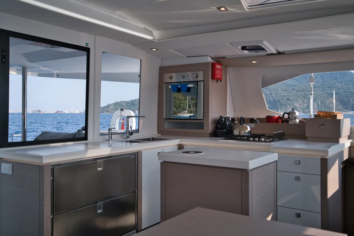 Galley of Sky Ada II, a Fountaine Pajot Saona 47 catamaran at Marmaris, Turkey
