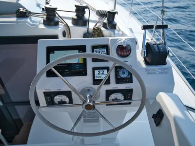 Cockpit of Sky Ada II, a Fountaine Pajot Saona 47 catamaran at Marmaris, Turkey