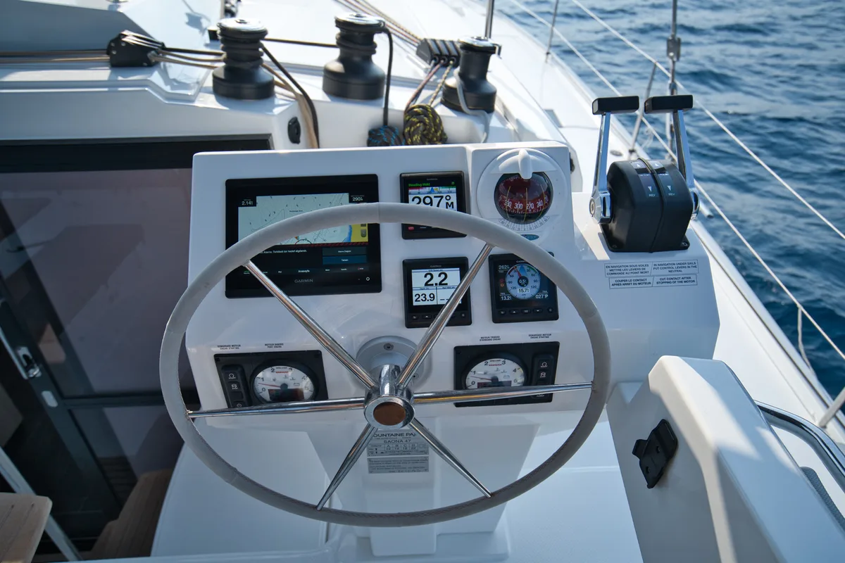 Cockpit of Sky Ada II, a Fountaine Pajot Saona 47 catamaran at Marmaris, Turkey
