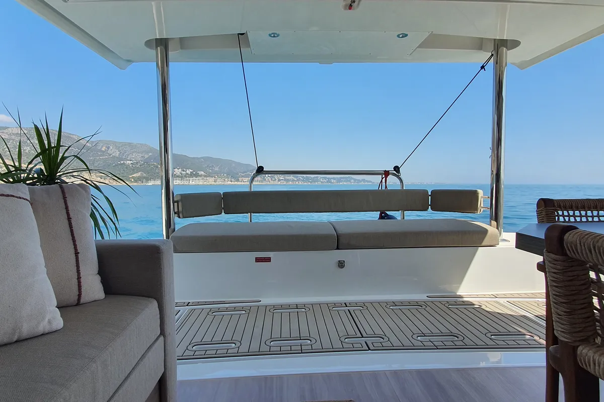 Deck of DISFRUTON, a Bali 4.6 catamaran at Port d'Andratx, Spain