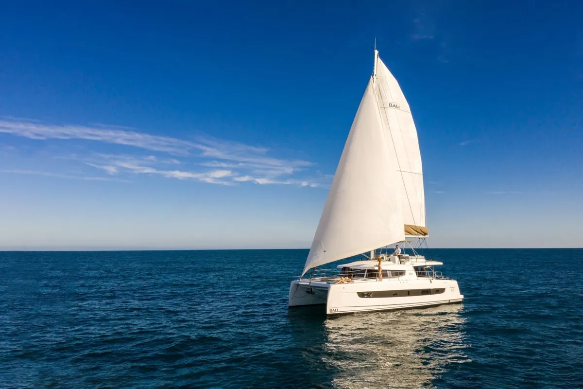 Exterior view of DISFRUTON, a Bali 4.6 catamaran at Port d'Andratx, Spain