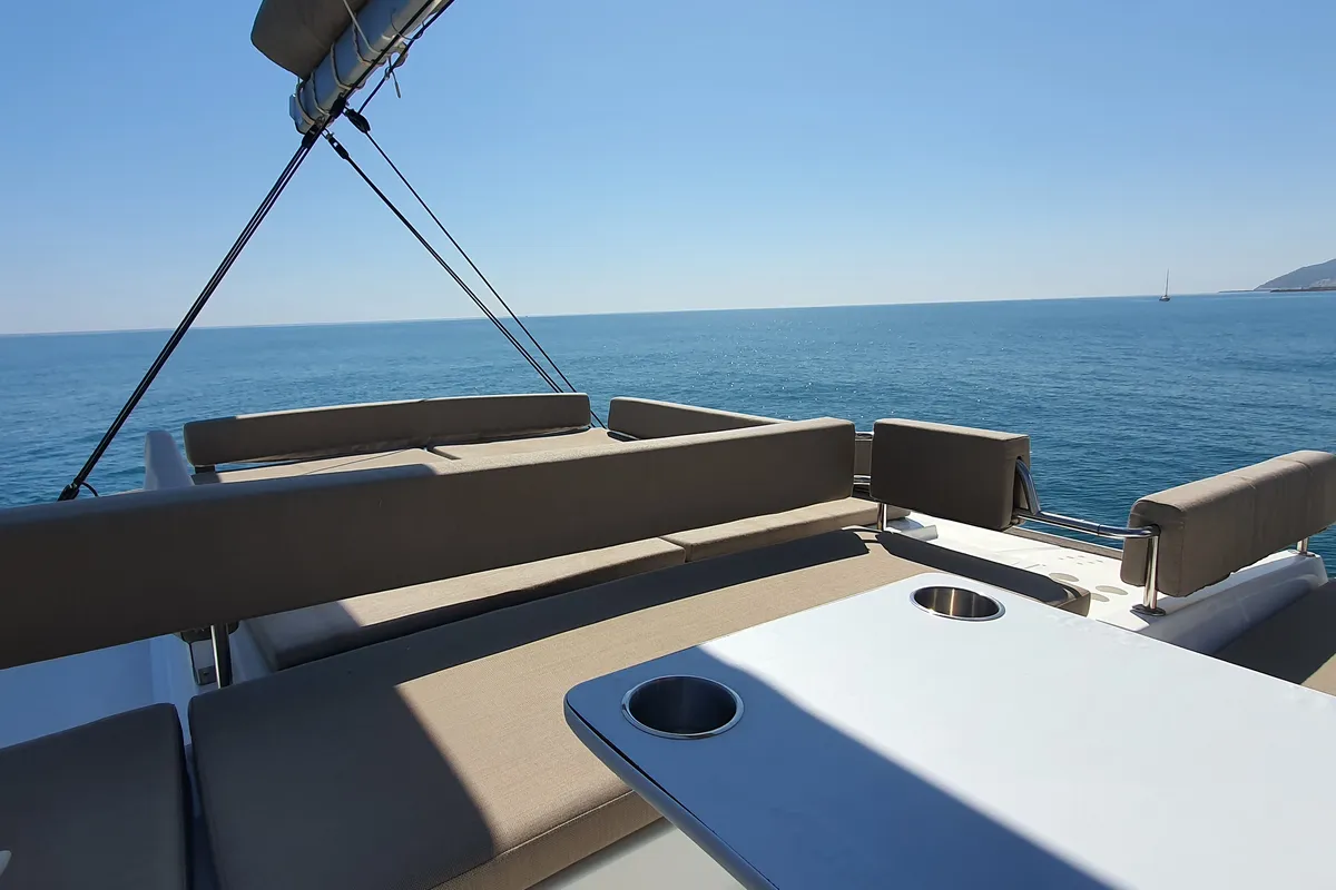 Deck of DISFRUTON, a Bali 4.6 catamaran at Port d'Andratx, Spain