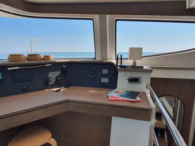 Cockpit of DISFRUTON, a Bali 4.6 catamaran at Port d'Andratx, Spain