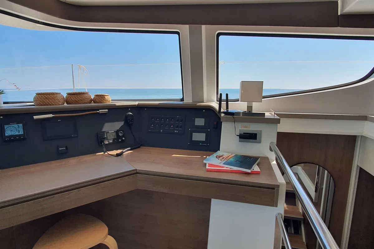 Cockpit of DISFRUTON, a Bali 4.6 catamaran at Port d'Andratx, Spain