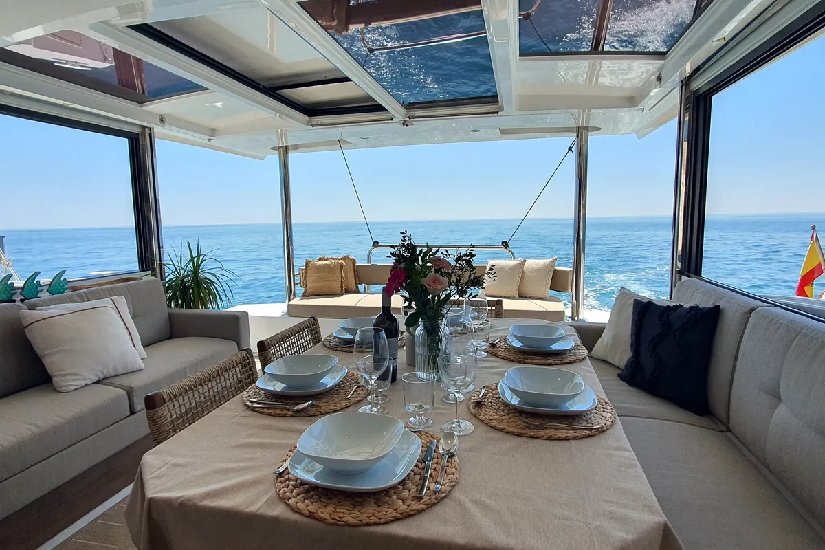 Salon of DISFRUTON, a Bali 4.6 catamaran at Port d'Andratx, Spain