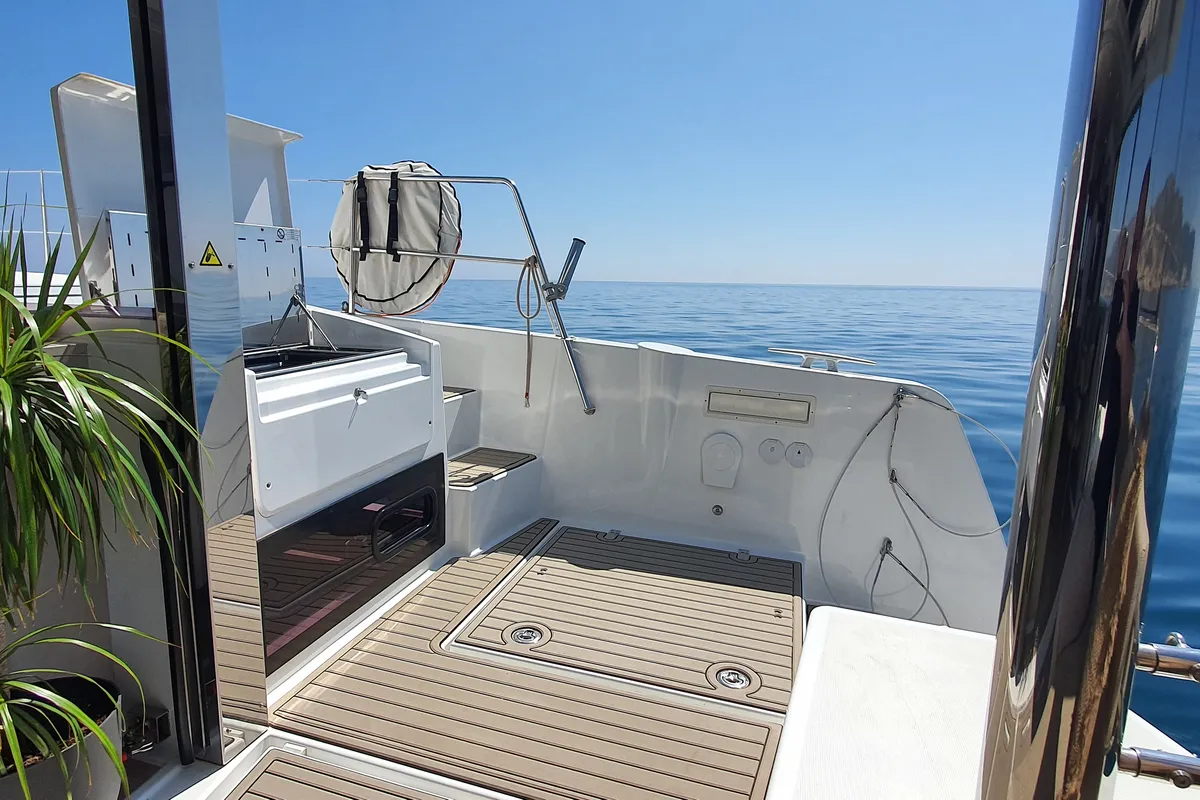 Deck of DISFRUTON, a Bali 4.6 catamaran at Port d'Andratx, Spain