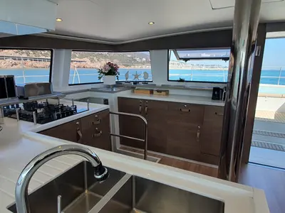 Galley of DISFRUTON, a Bali 4.6 catamaran at Port d'Andratx, Spain