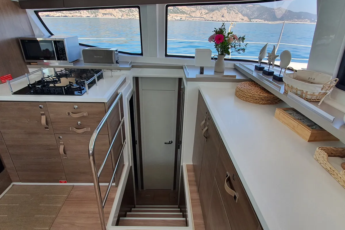 Galley of DISFRUTON, a Bali 4.6 catamaran at Port d'Andratx, Spain