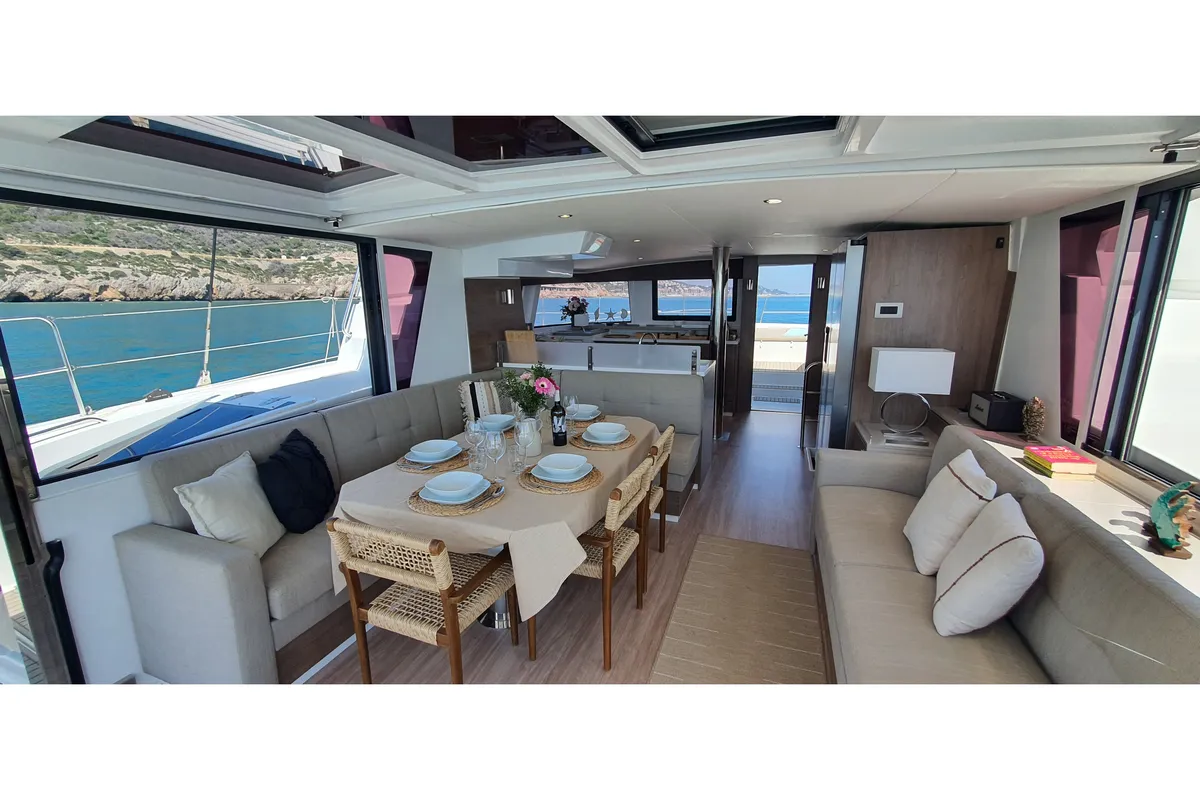Salon of DISFRUTON, a Bali 4.6 catamaran at Port d'Andratx, Spain