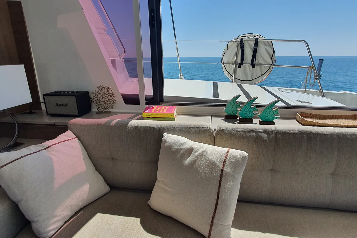 Salon of DISFRUTON, a Bali 4.6 catamaran at Port d'Andratx, Spain