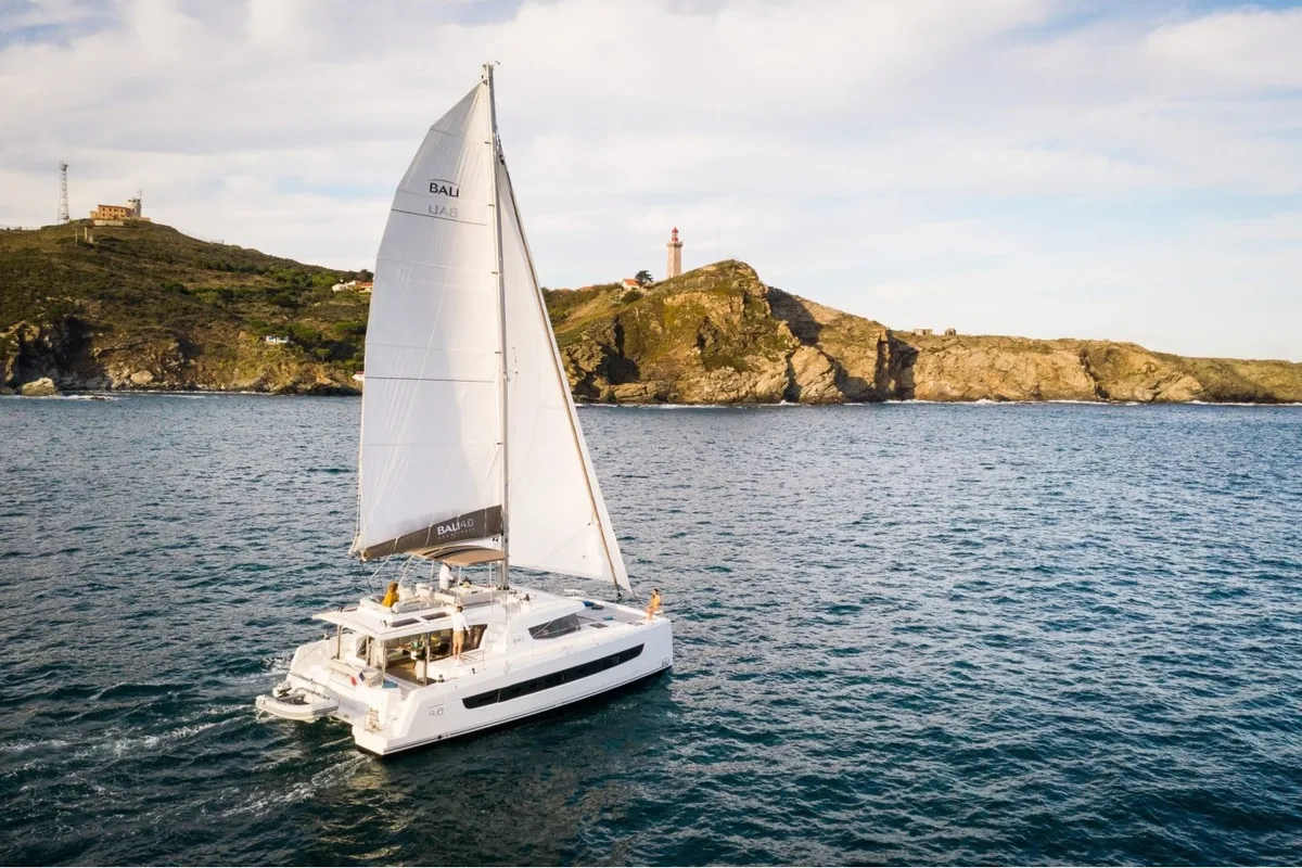 Exterior view of DISFRUTON, a Bali 4.6 catamaran at Port d'Andratx, Spain