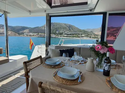 Deck of DISFRUTON, a Bali 4.6 catamaran at Port d'Andratx, Spain