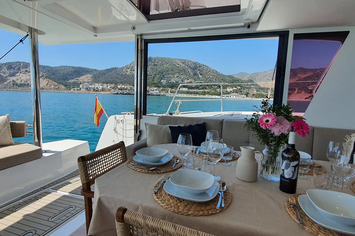Deck of DISFRUTON, a Bali 4.6 catamaran at Port d'Andratx, Spain