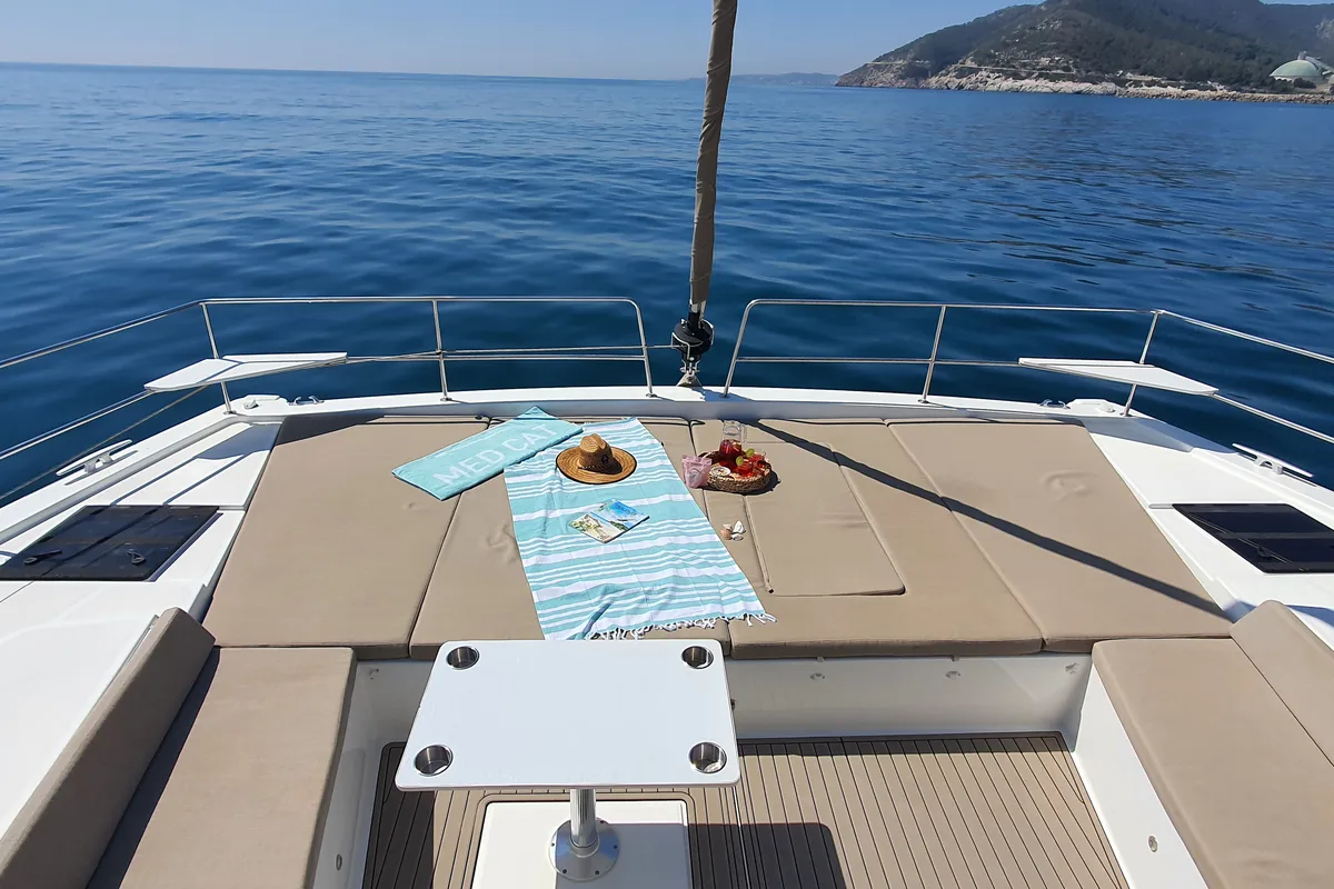 Deck of DISFRUTON, a Bali 4.6 catamaran at Port d'Andratx, Spain