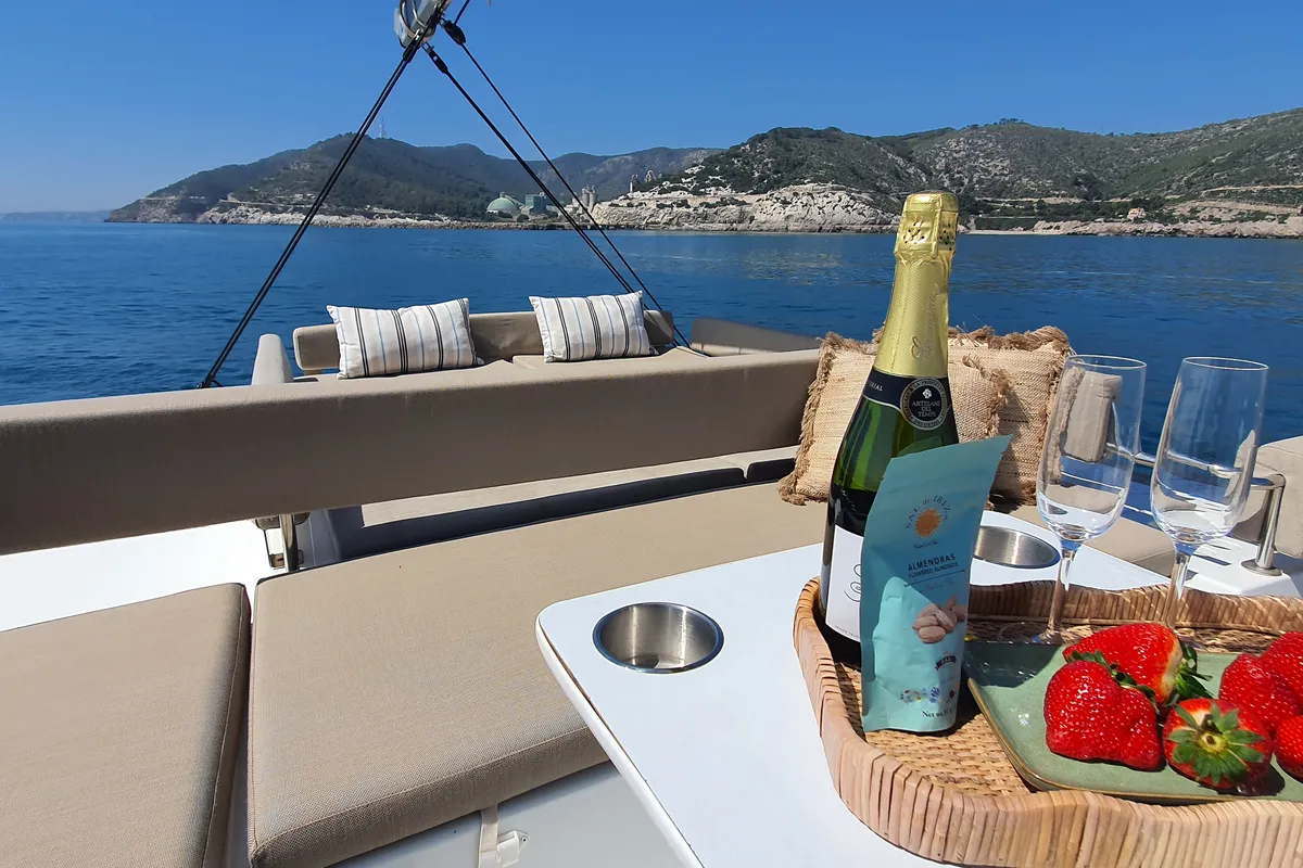 Deck of DISFRUTON, a Bali 4.6 catamaran at Port d'Andratx, Spain