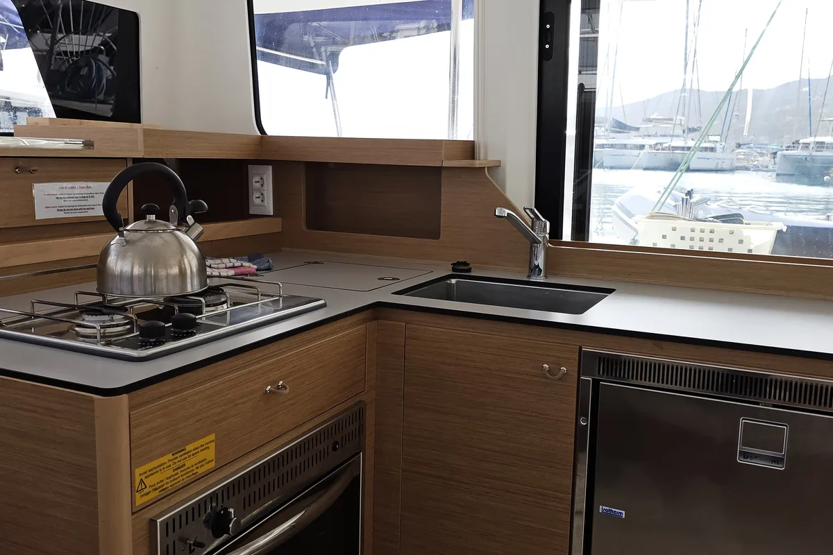 Galley of STAR III, a Excess 11 catamaran at Alameda, United States