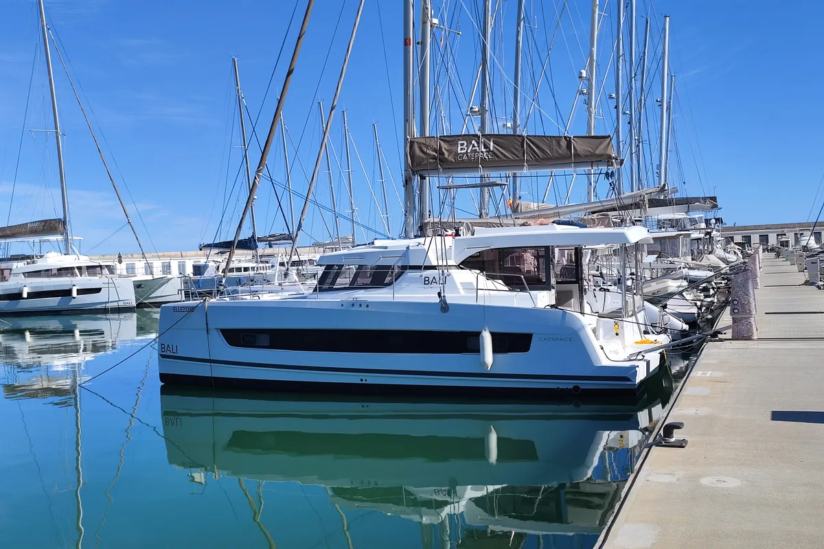 Exterior view of Fika, a Bali Catspace catamaran at Nettuno, Italy