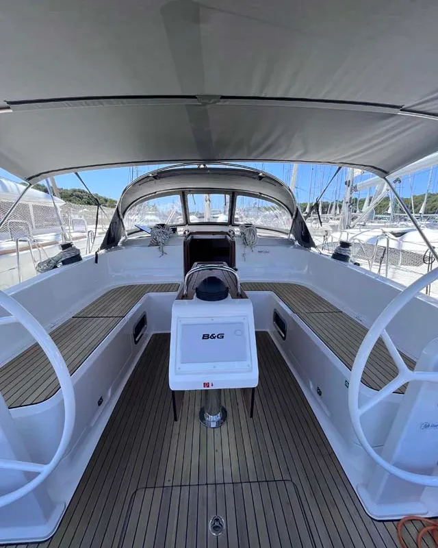 Cockpit of Tesorino, a Bavaria Cruiser 46 Style sailboat at Grad Pula, Croatia