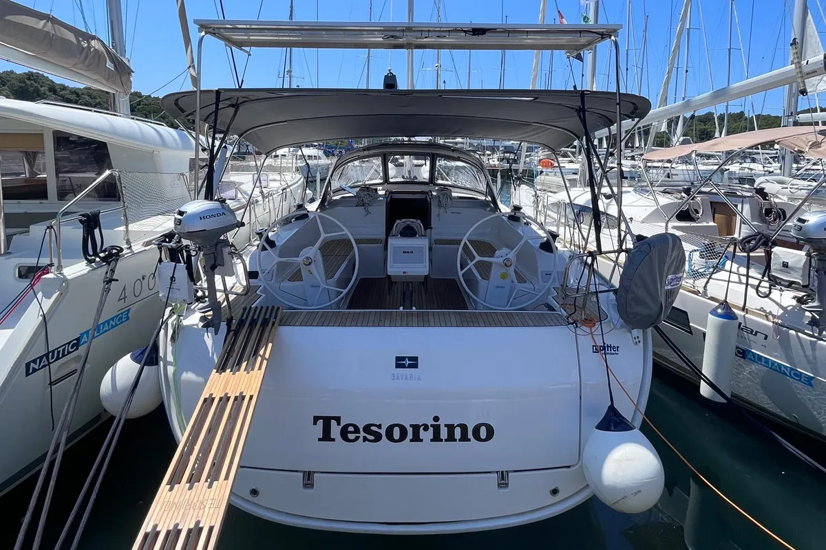 Exterior view of Tesorino, a Bavaria Cruiser 46 Style sailboat at Grad Pula, Croatia