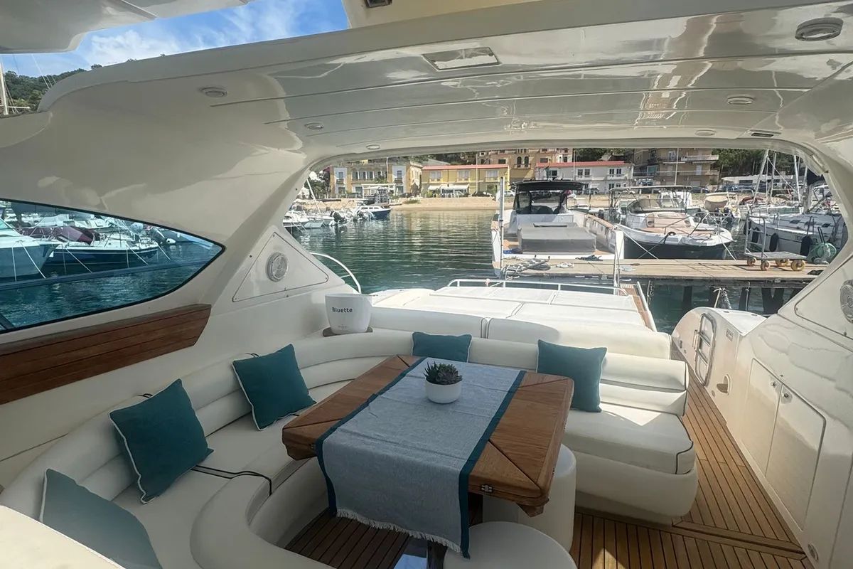 Deck of Ludos, a Gulet Conam 58S motor yacht at Tropea, Italy