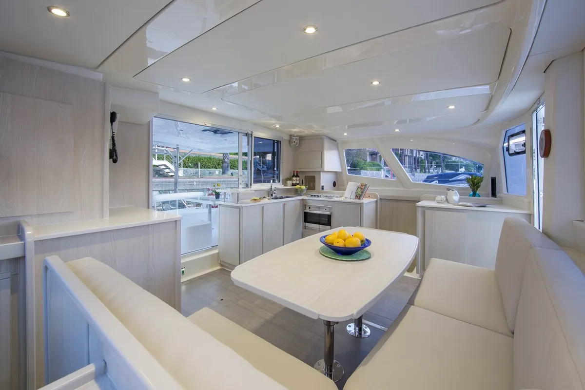 Salon of Shangri-La, a Leopard 44 catamaran at Marmaris, Turkey