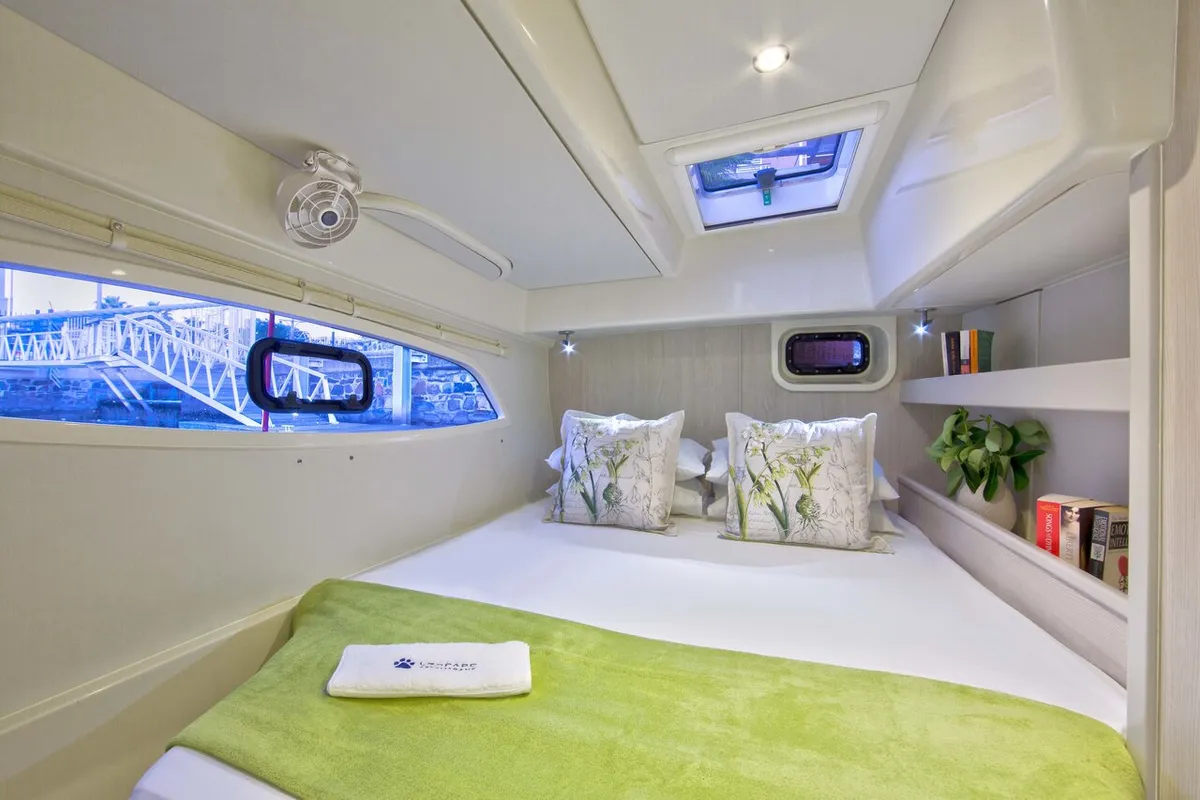 Cabin on Shangri-La, a Leopard 44 catamaran at Marmaris, Turkey