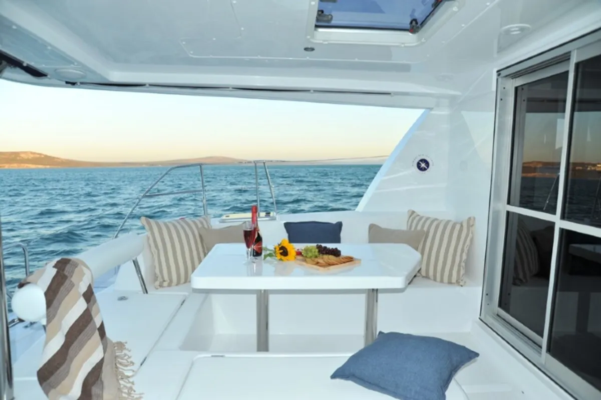 Deck of Shangri-La, a Leopard 44 catamaran at Marmaris, Turkey