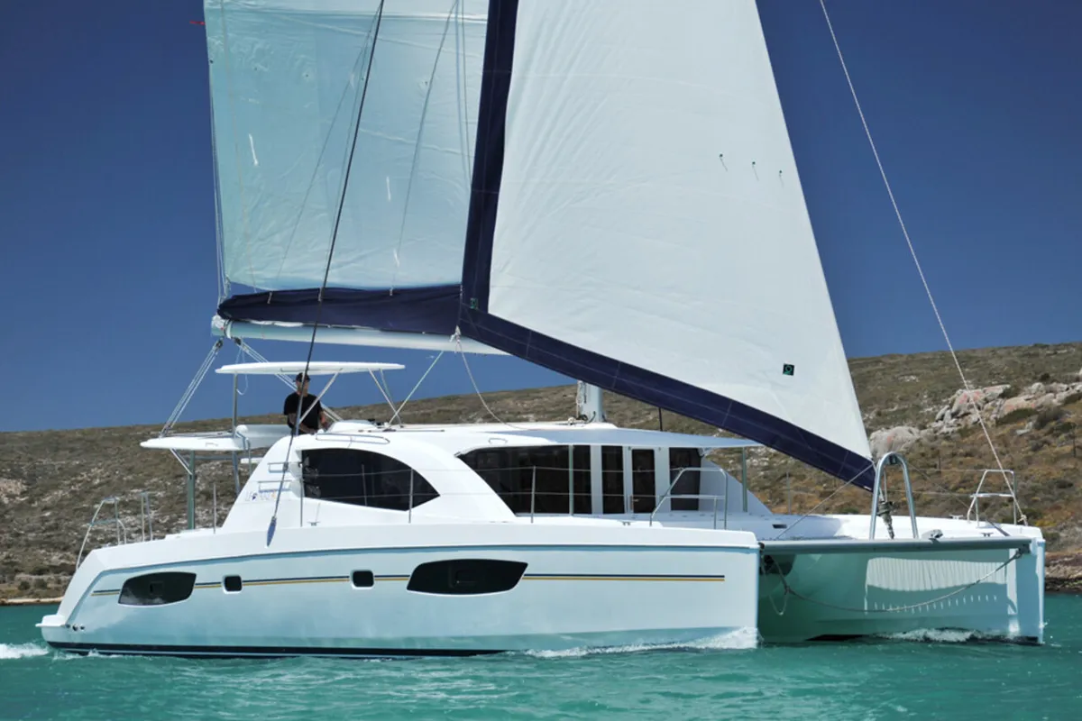 Exterior view of Shangri-La, a Leopard 44 catamaran at Marmaris, Turkey