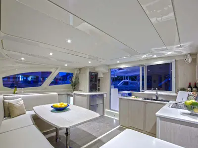 Salon of Shangri-La, a Leopard 44 catamaran at Marmaris, Turkey